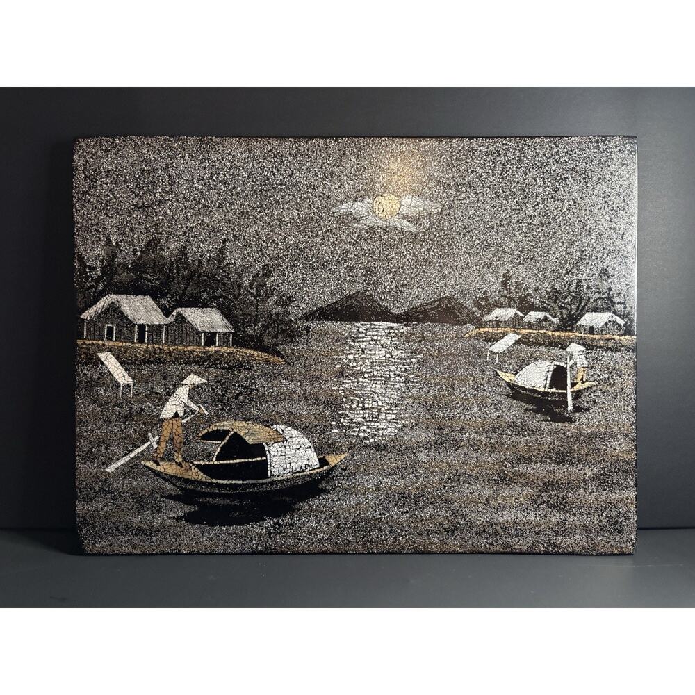 Asian Lacquer Painting River Scene with Boats and Houses, 17" Wide